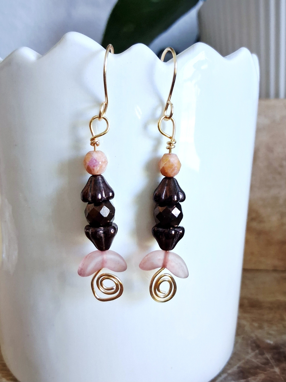 Pink and Brown Beaded Dangle Earrings with Gold Wire